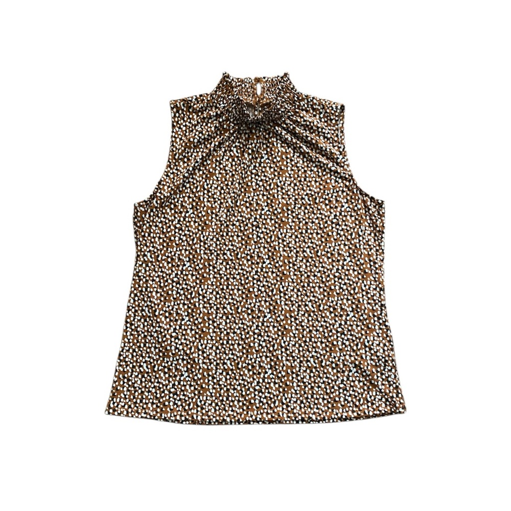 Sleeveless High-Neck Scattered Dot Printed Top - Brown, Black, & White